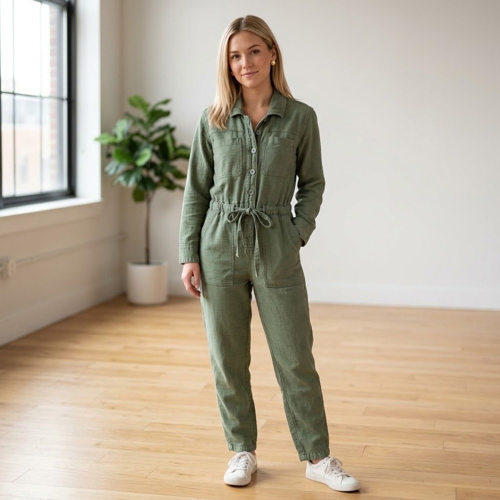 Free People Quinn Women Sage Green Cotton Utility Jumpsuit Boiler Suit XS